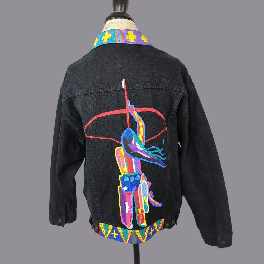 Vintage GAP Jean Jacket Large Black Native American Art Paint